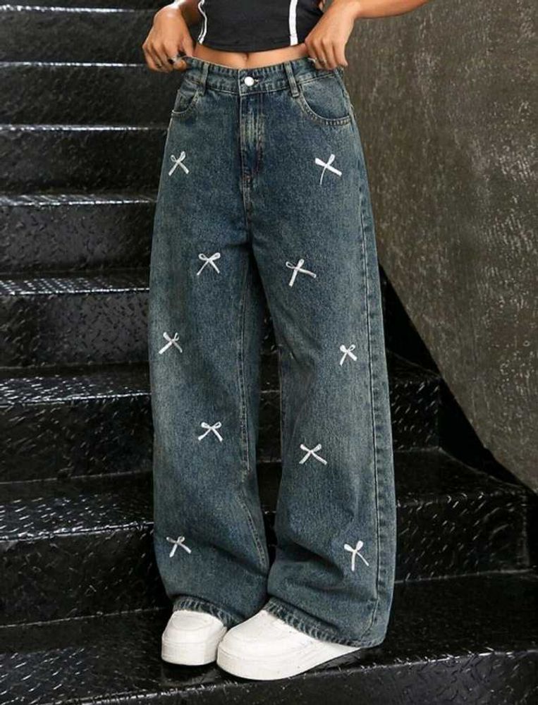 Embroidered Wide Leg Jeans