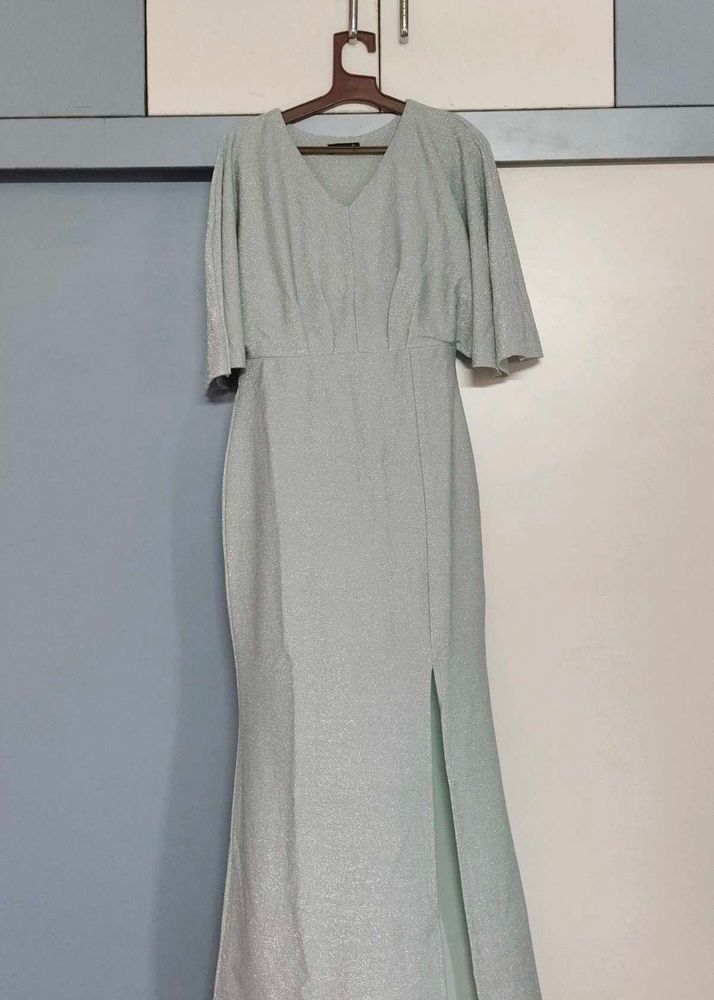 Silver Shimmer Gown with Cape Sleeves &amp; Th