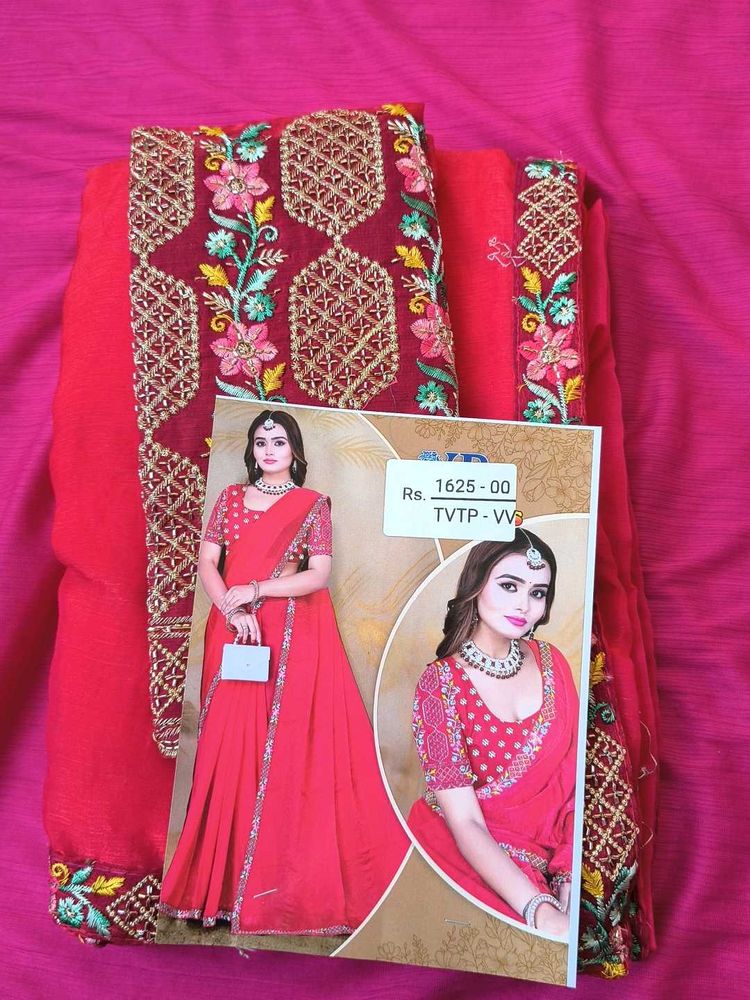 Embroidered Red Saree with Blouse Piece