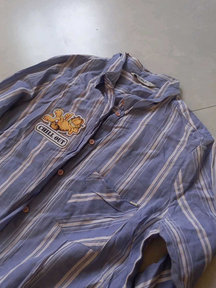 Striped Button-Up Shirt with "Chill Out" Patch