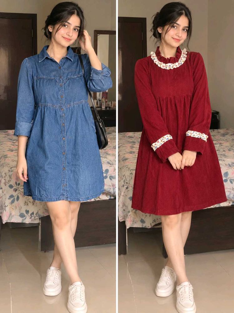 Chic Denim Dress &amp; Red Flowy Dres
