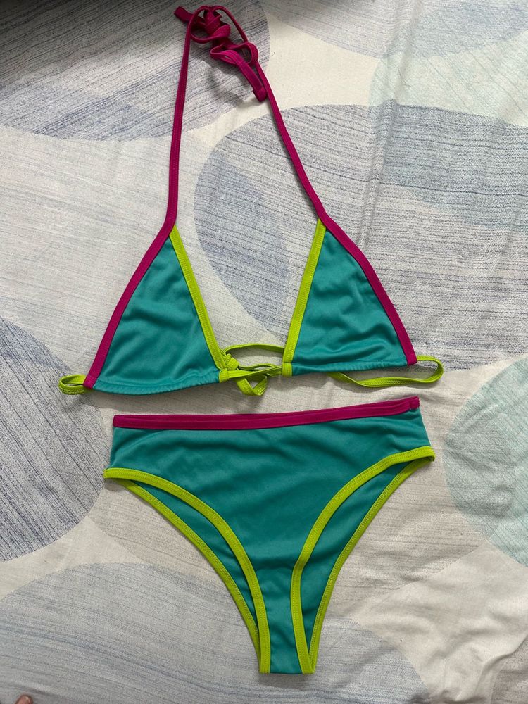 Teal Bikini Set with Pink &amp; Lime Trim