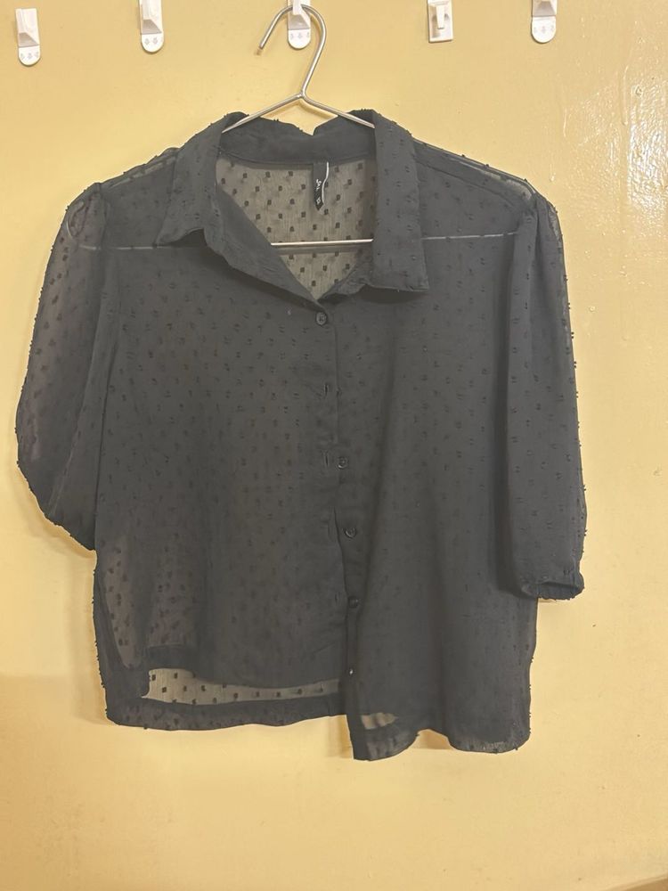 Sheer Textured Button-Up Blouse