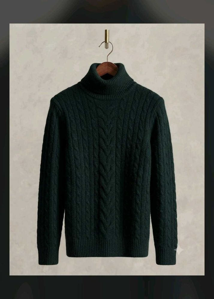 Men's Dark Green Cable Knit Turtleneck Sweater