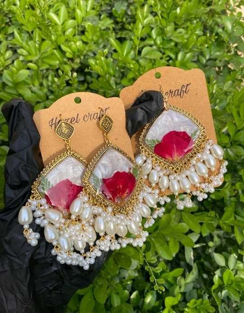 Exquisite Floral Resin Earrings with Pearl Drops
