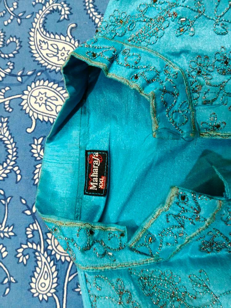 Turquoise Embroidery Mens Kurta