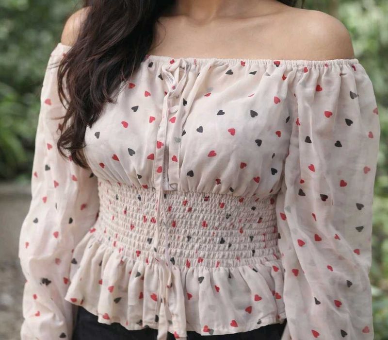 White Off-Shoulder Top with Heart Print
