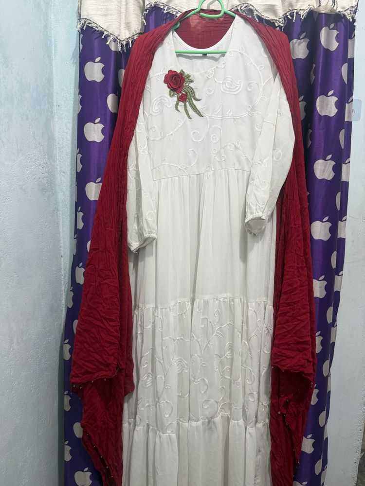 White Tiered Embroidered Gown with Red Scarf