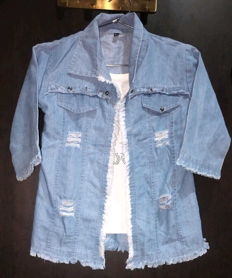 Distressed Denim Jacket with White Top