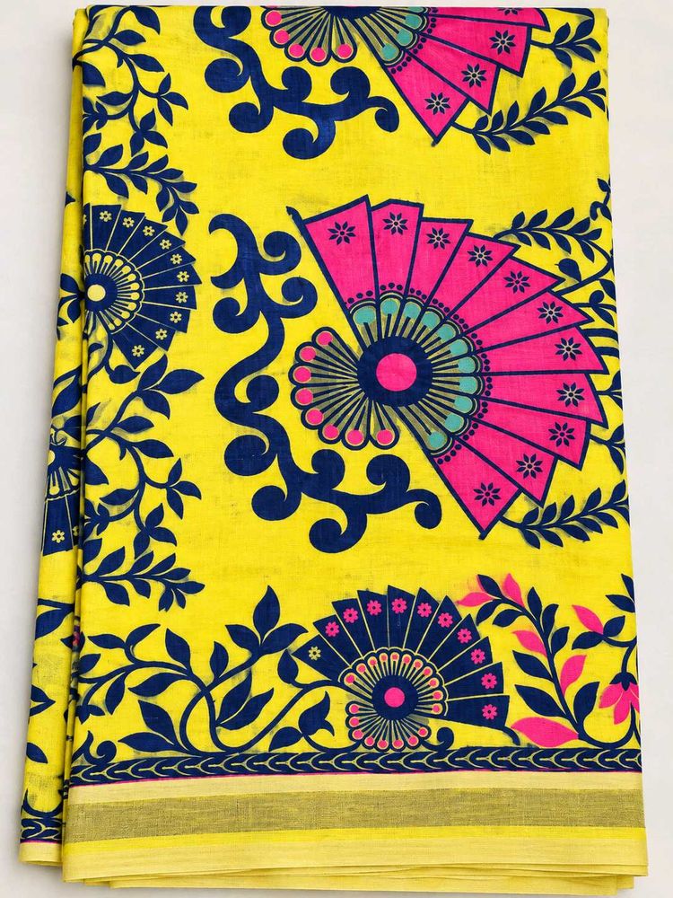 Yellow Jamdani Dhakai Saree with Floral Print