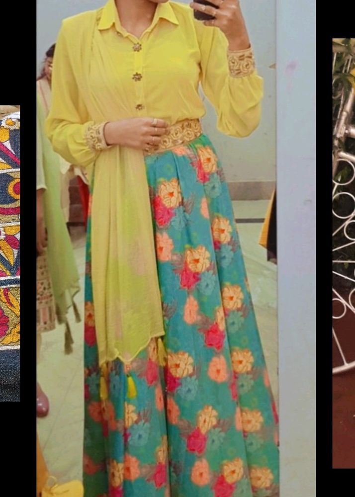 Yellow Top And Skirt With Belt