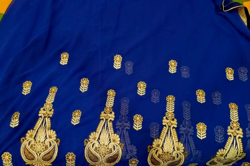Elegant Royal blue net saree golden embroidery