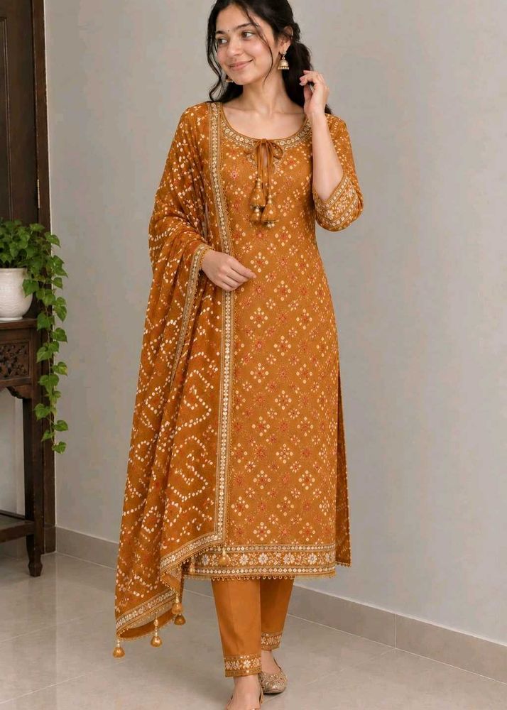 COMBO OF Elegant Mustard Bandhani Kurta Set+ peach
