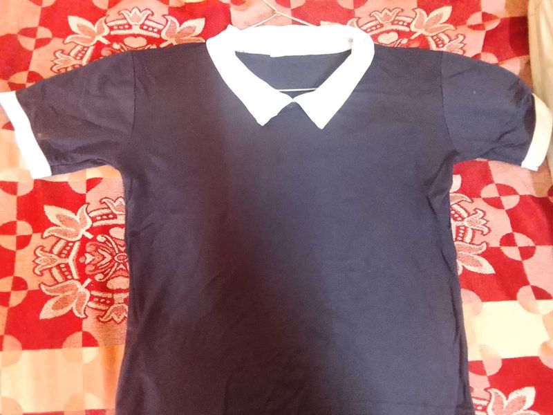 Navy Polo Shirt with White Collar &amp; Cuffs