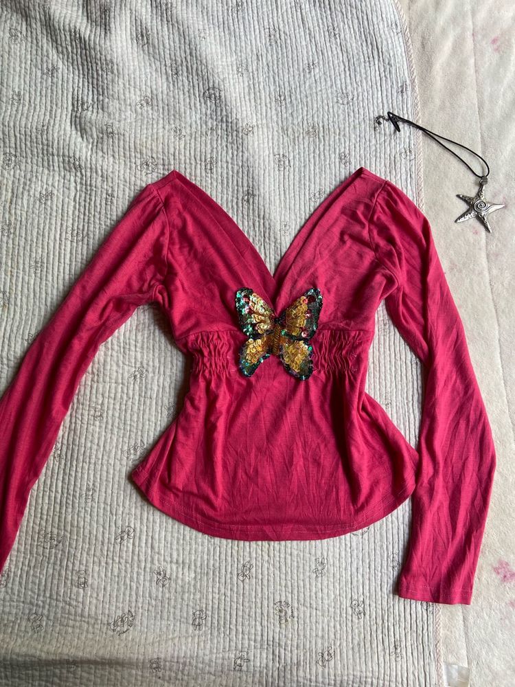 Cute Butterfly Embellished Pink Top