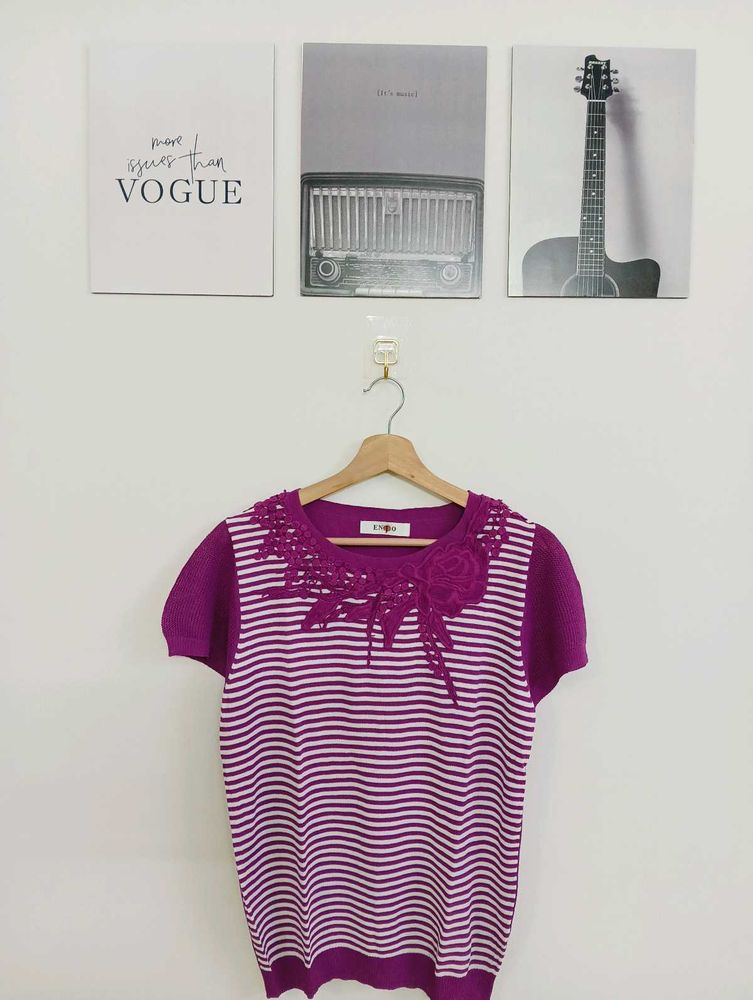 Striped Knit Top with Floral Applique