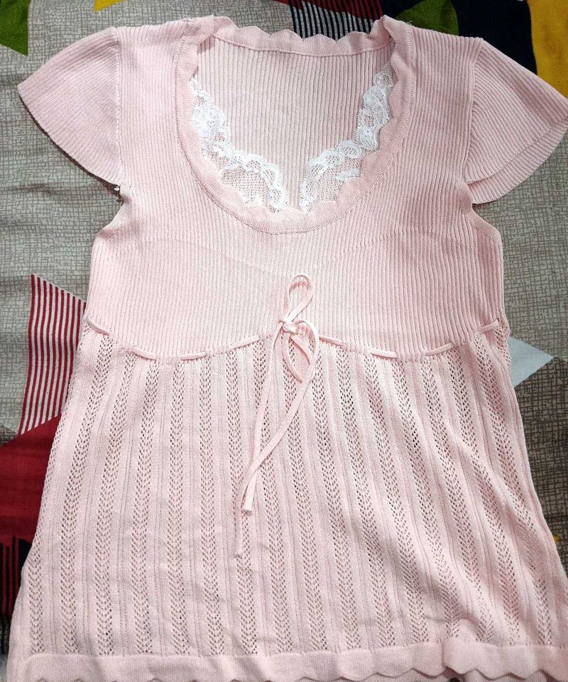Cute Pink Lace Trim Knit Top