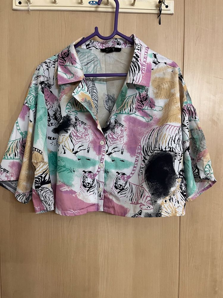 Tiger Print Cropped Button-Up Shirt