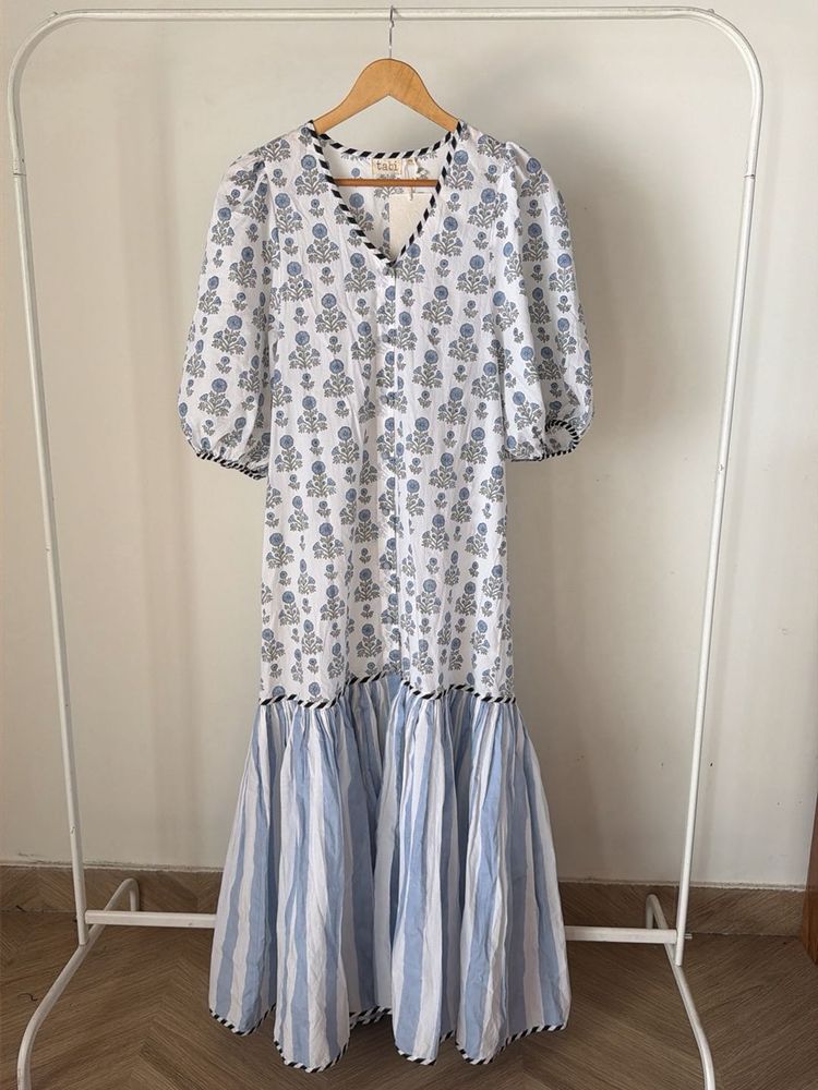 Boho Maxi Dress with Blue Stripes