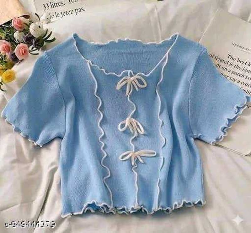 🌸 Pastel Blue Ribbed Coquette Crop Top 🎀