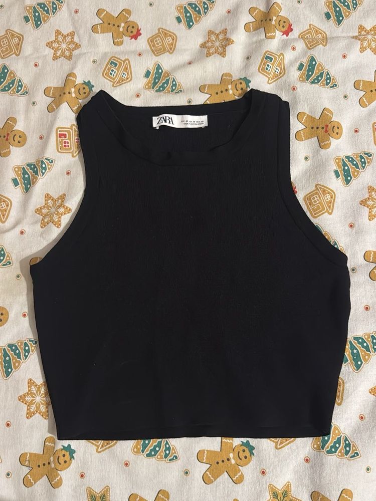 Black Ribbed Crop Tank Top