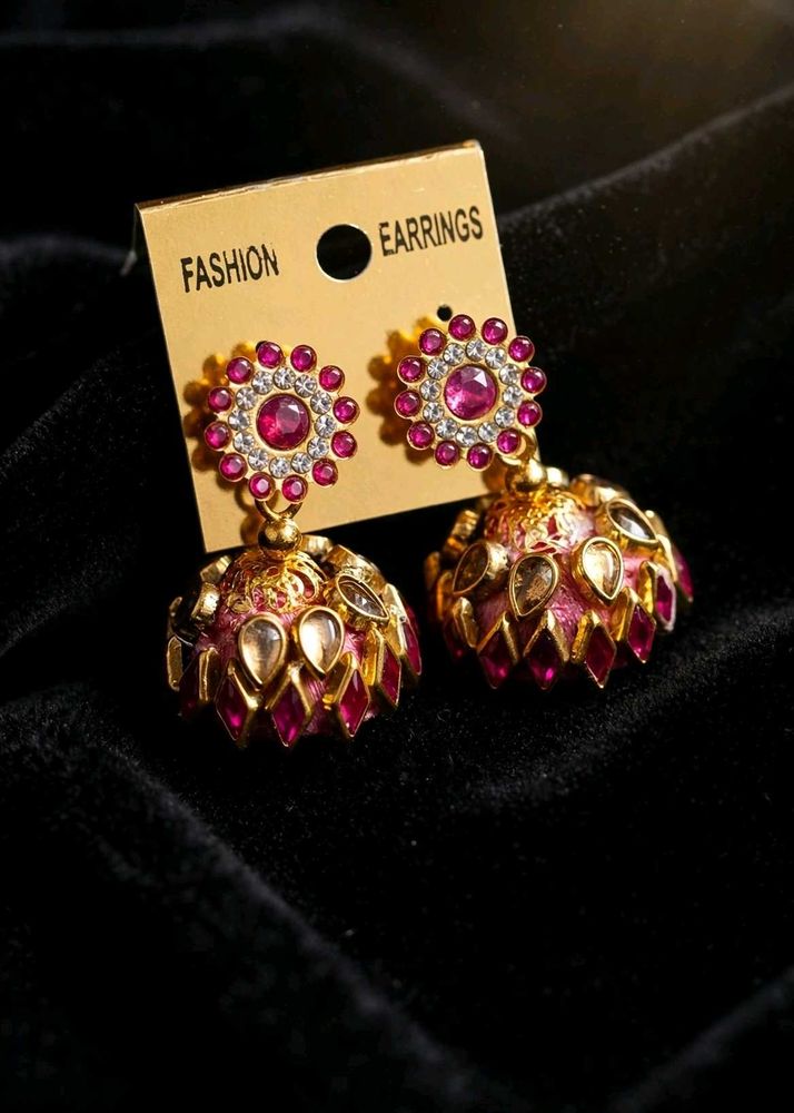Stunning Jhumka Earrings with Pink Stones