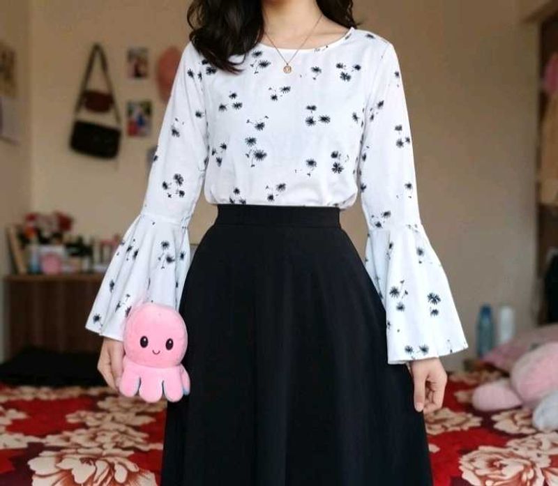 White Bell Sleeve Top with Floral Print