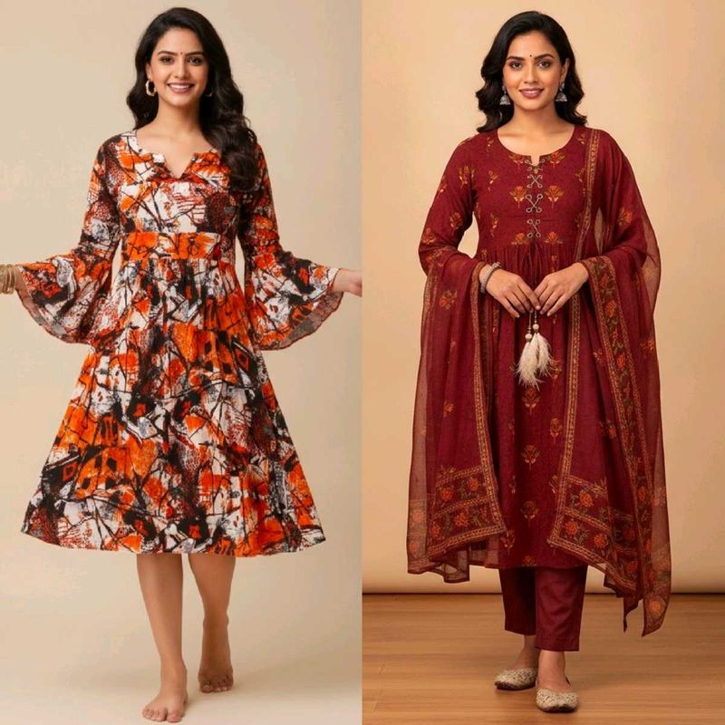 Maroon Floral Print/ Bohemian Print Flare dres