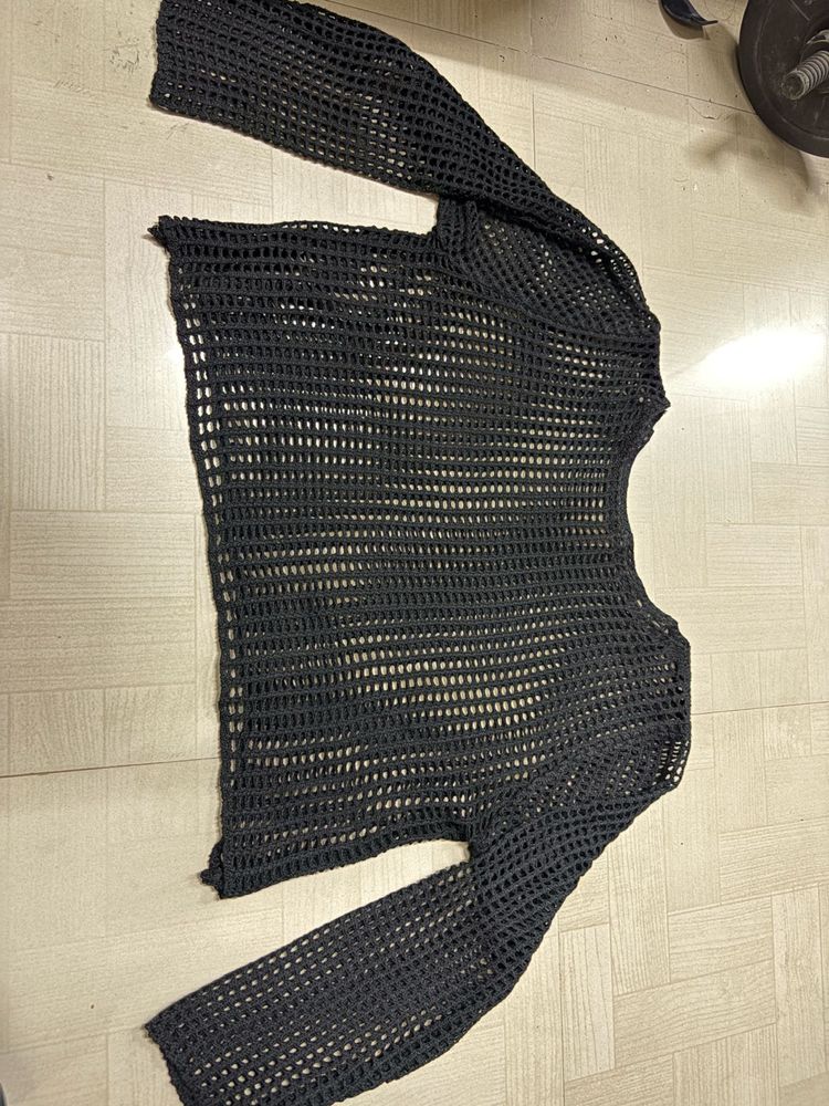 Black Crochet Mesh Long Sleeve Top