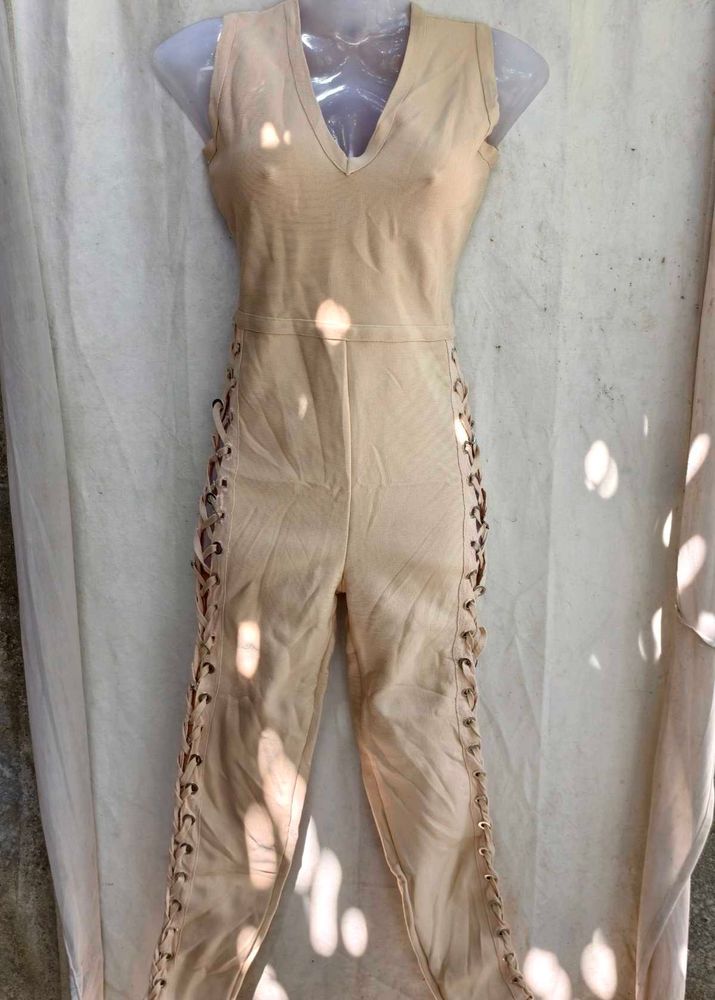 162510. Beige Lace-Up Jumpsuit