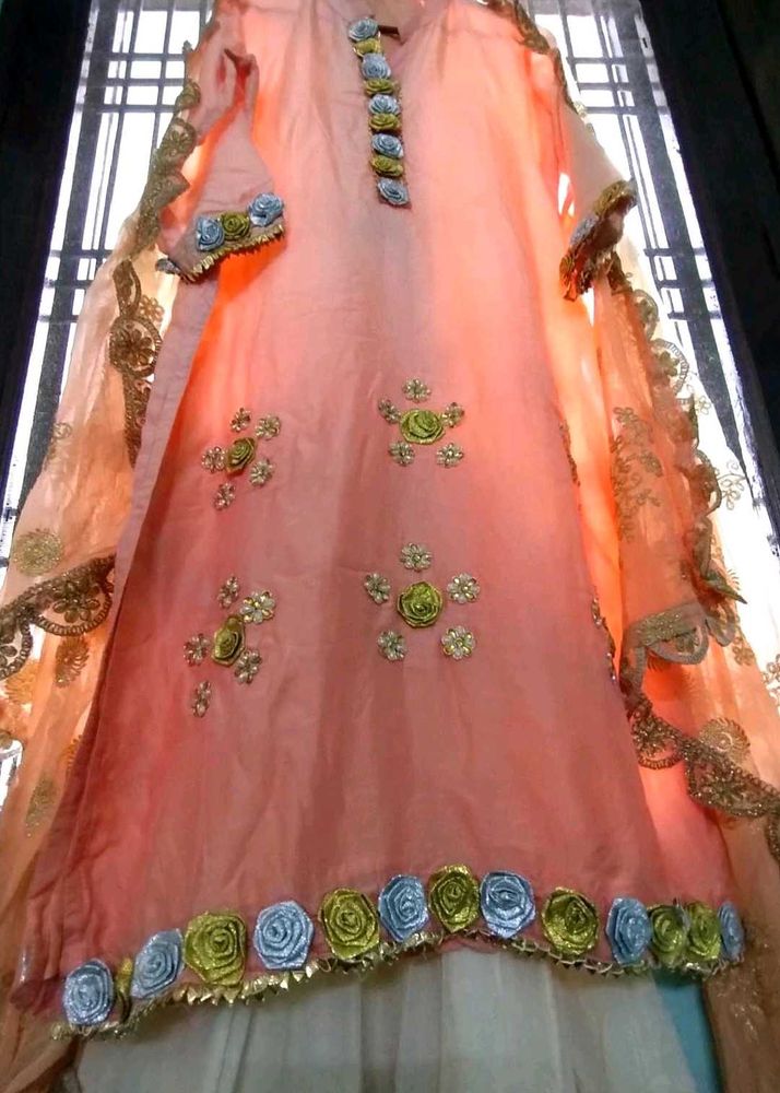 Peach Kurta Set With Gharara