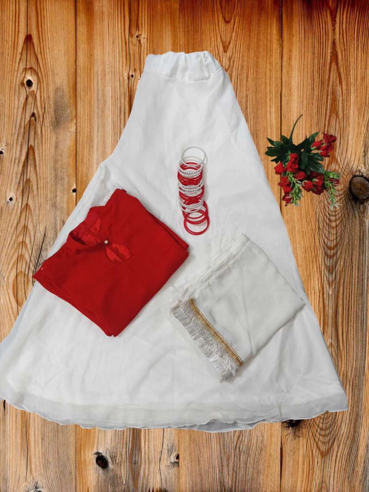 Red &amp; White Sahara Kameez Suit Whit Duppta Set