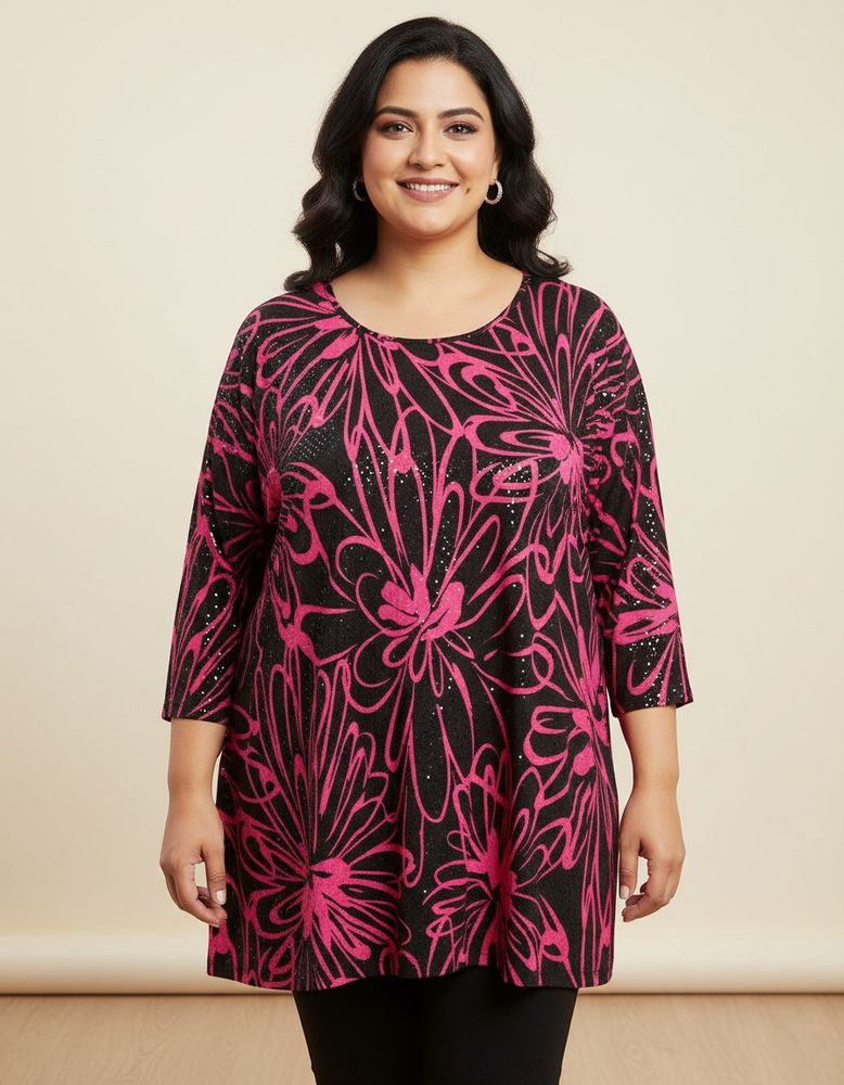 Pink 💗&amp; Black Floral Print Partywear Top 50 Bust