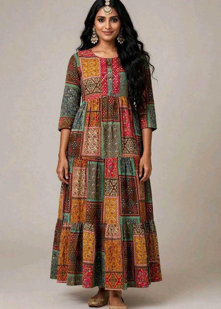 Tiered Patchwork Maxi Kurta with erring Maan tika