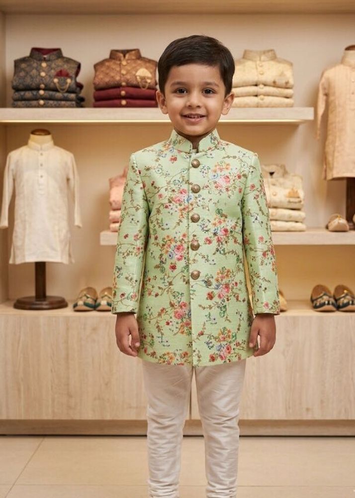 Boys Printed Ethnic Jacket and Pants Set