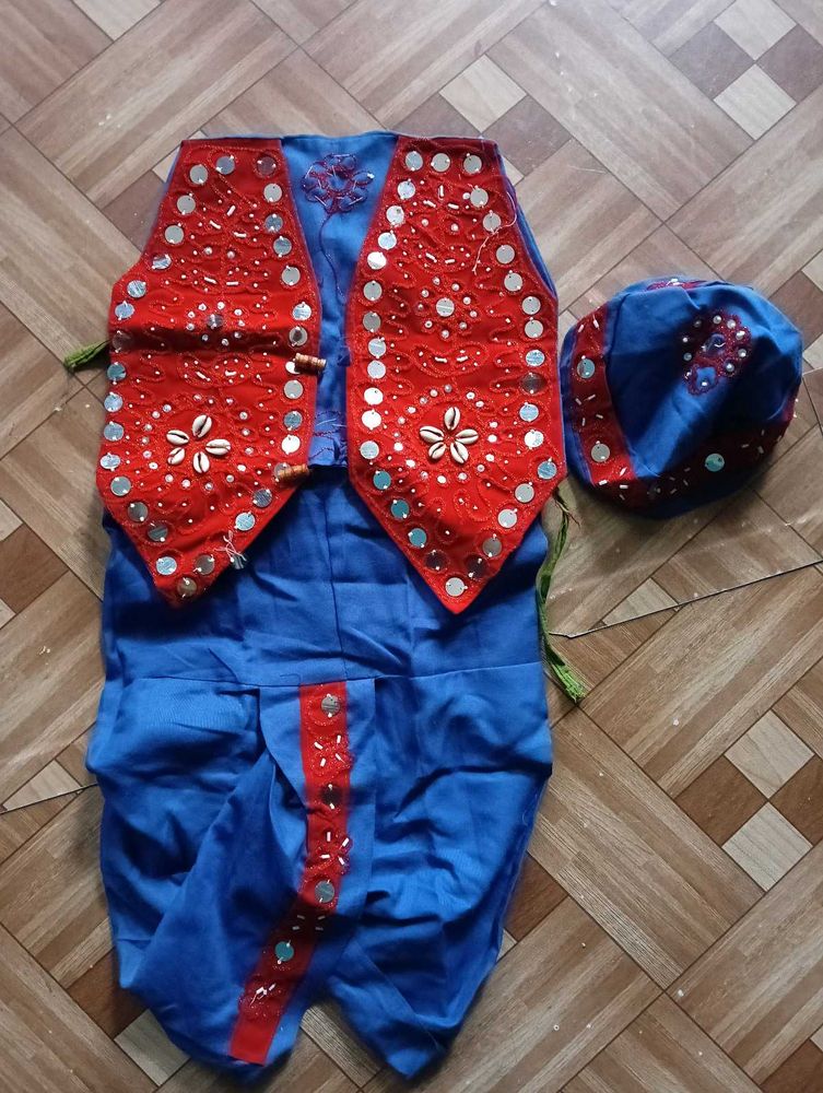 Blue &amp; Red Jacket Dhoti Cap Set