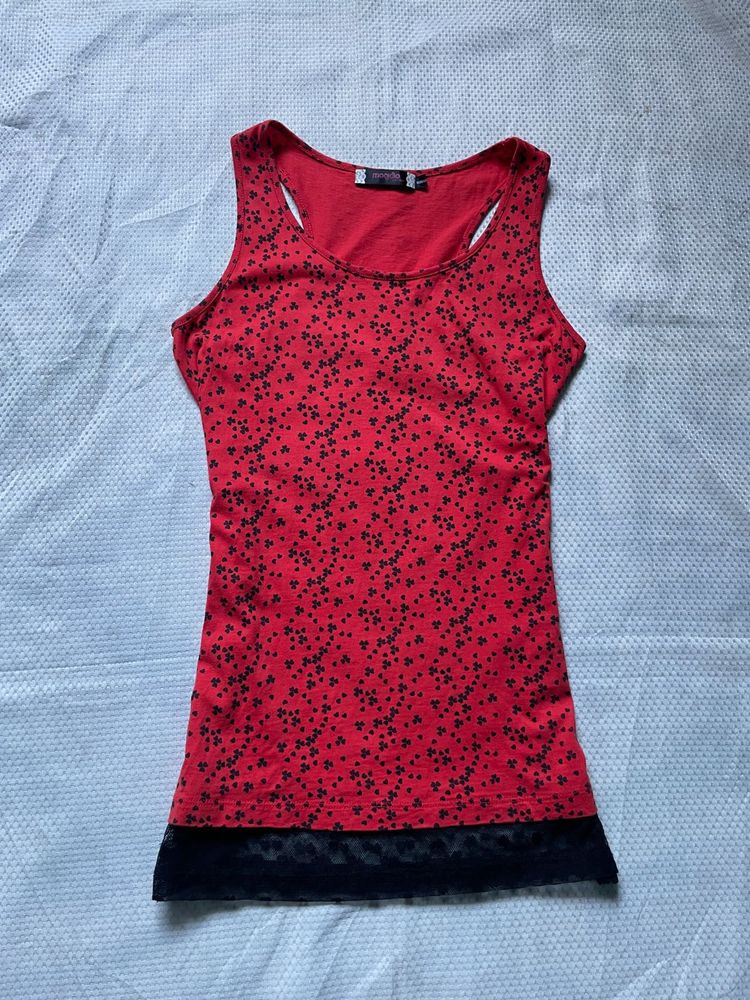 Red Floral Tank Top with Black Lace Trim