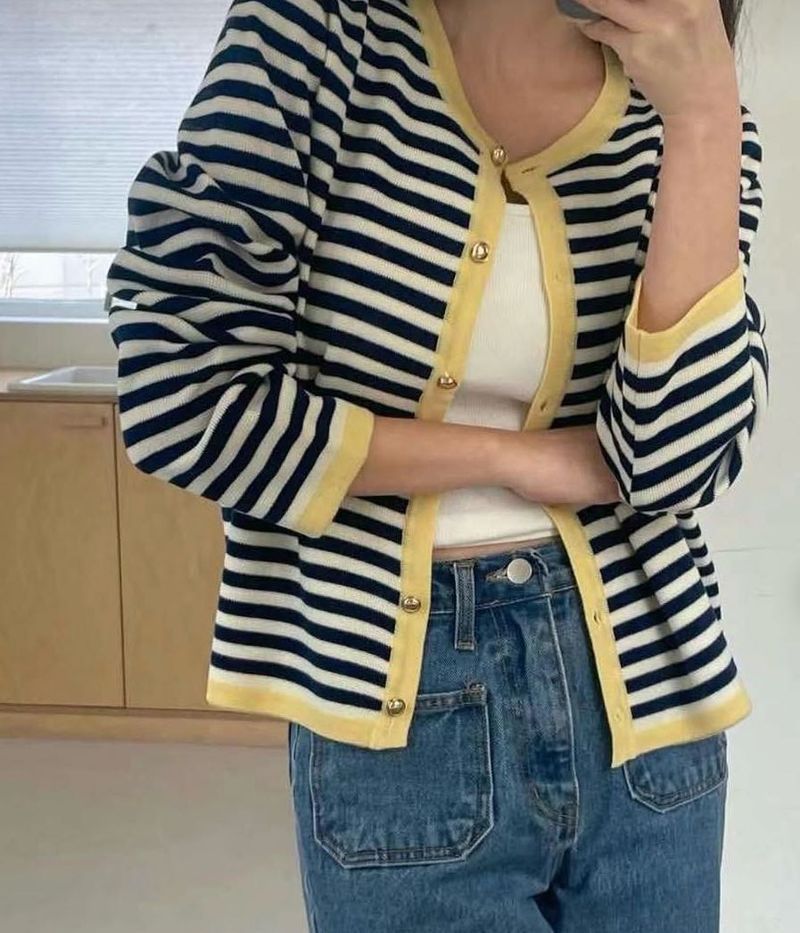Korean Striped Button-Down Cardigan