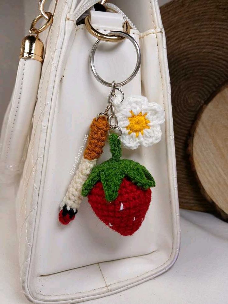 Crocheted Strawberry &amp; Flower Keychain