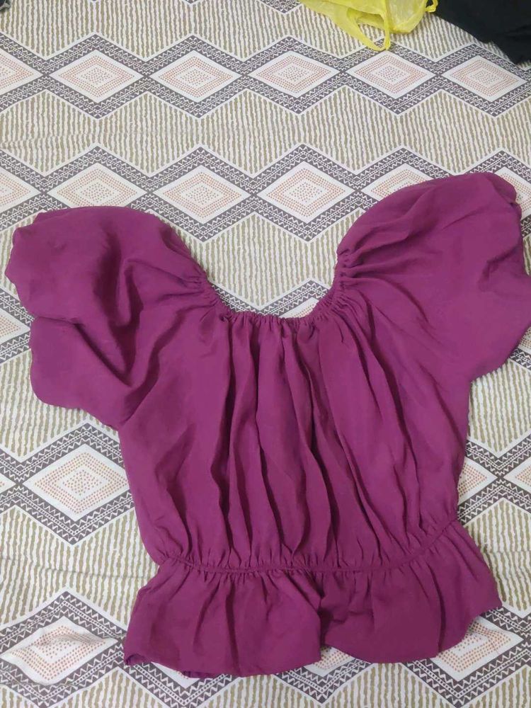 Purple Puff Sleeve Crop Top