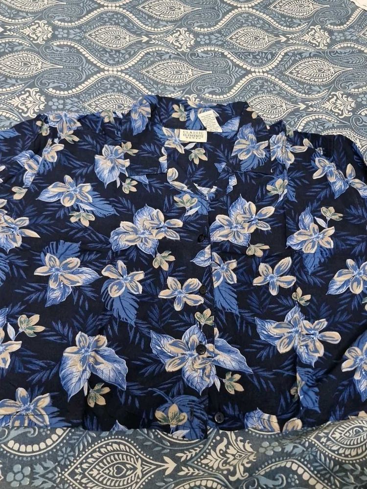 Blue Floral Print Button-Up Shirt