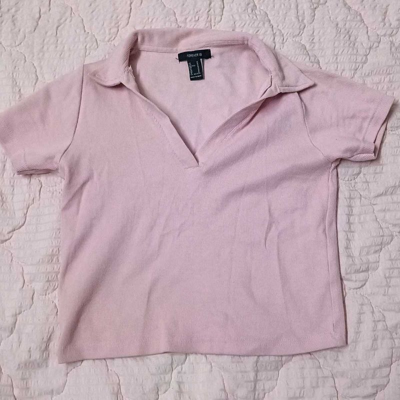 Pink Collared V-Neck Top