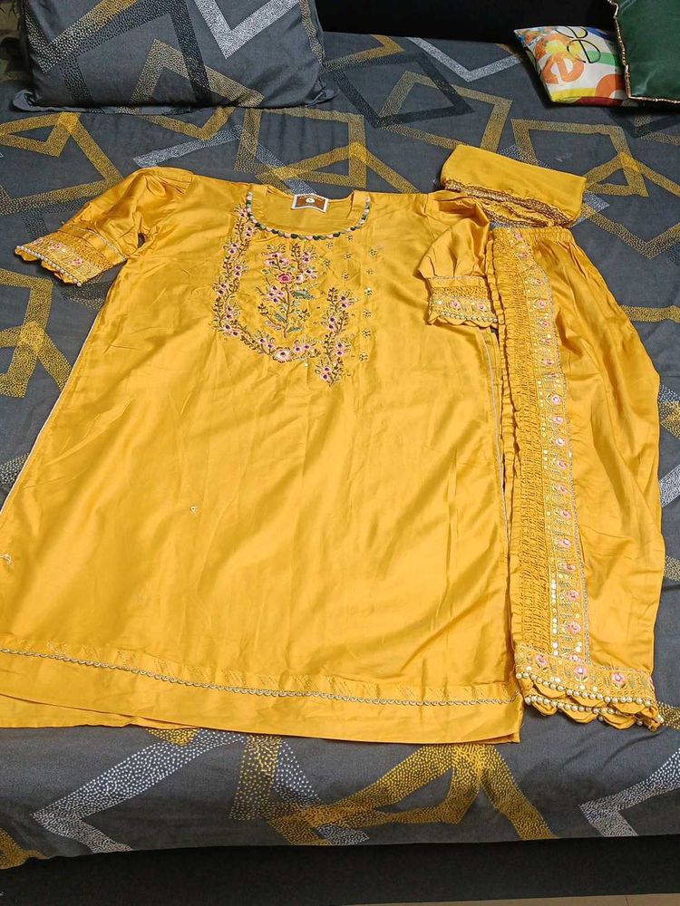 Yellow Embroidered Kurta Set with Dupatta