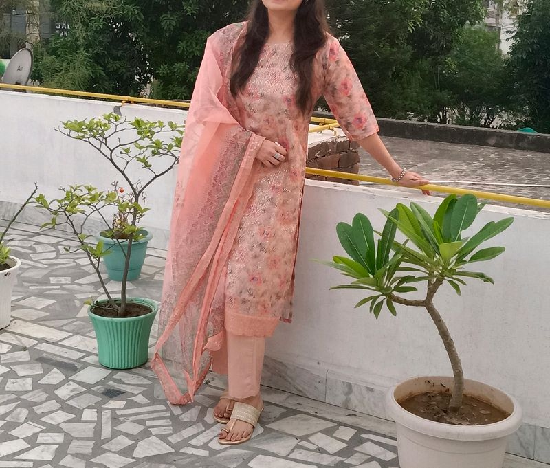 Peach Heavily Embellished Organza Suit Set