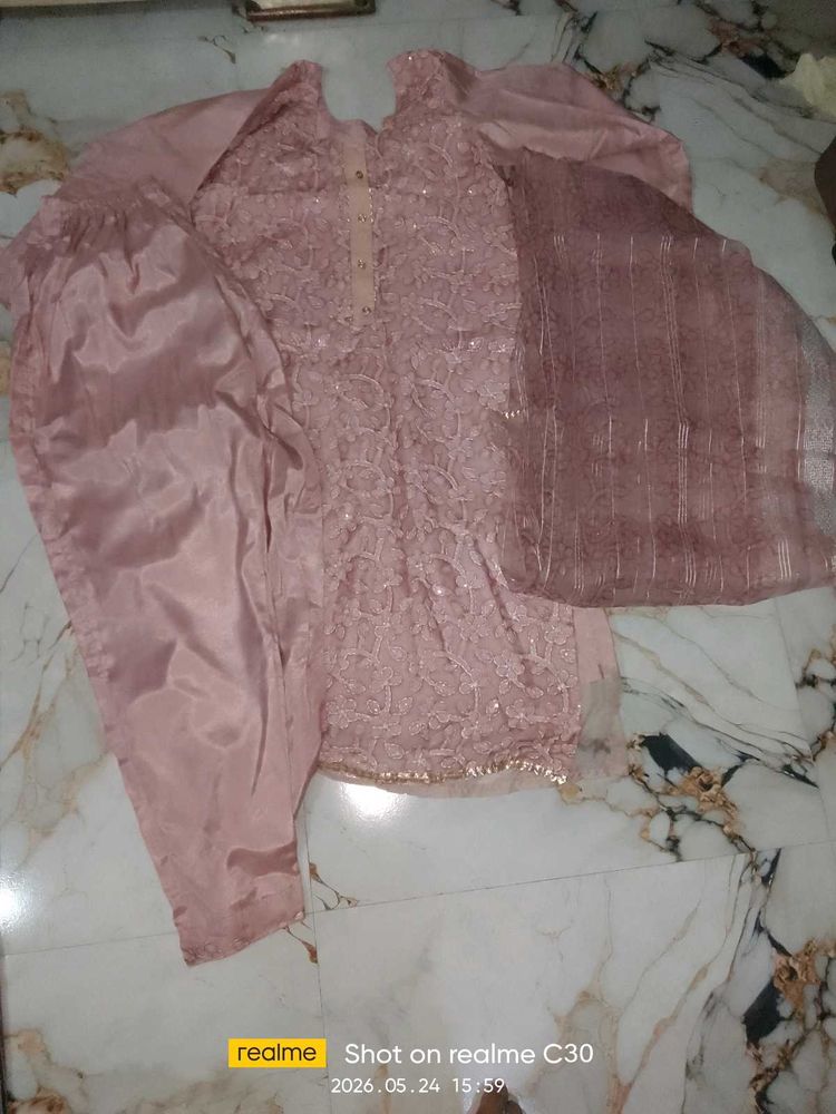 Elegant Pink Sequined Kurta Set with Dupatta