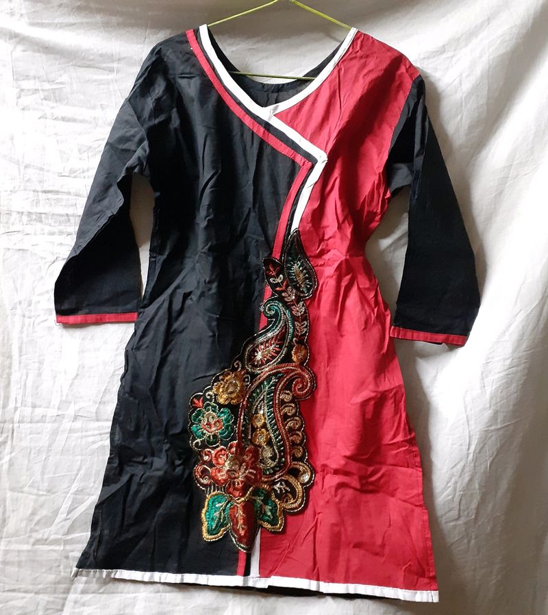 Women Kurti Black Red Embroidery Design Style Girl