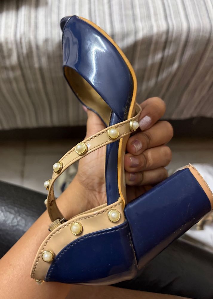 Navy Pearl Block Heels