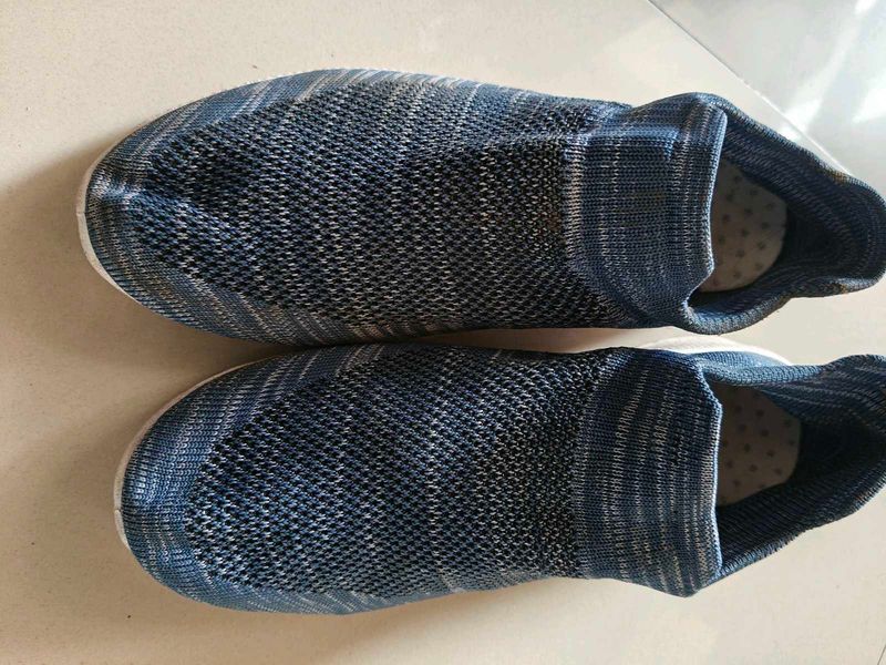 Blue Knit Slip-On Sneakers