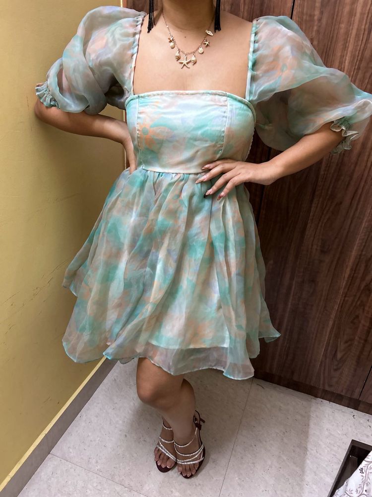 Sheer Puff Sleeve Mini Dress