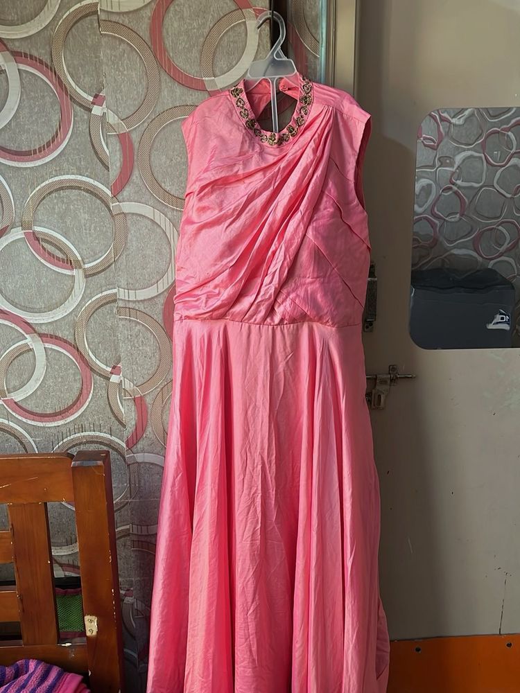 Elegant Pink Gown with Embellished Neckline